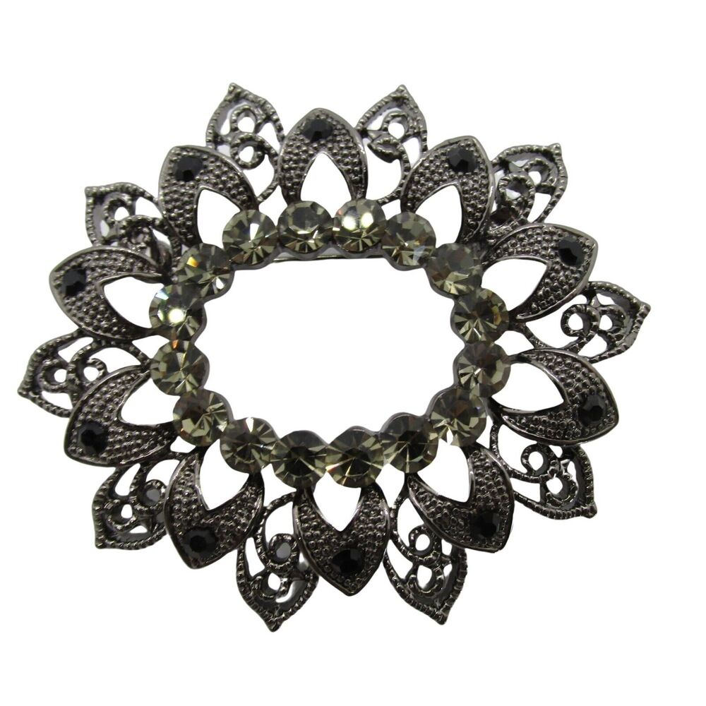 Vintage Lg Oval Brooch Pin Silver Scroll Petals Gray Rhinestones Textured 2.29in